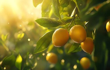 Close up of lemons on tree, basking in sunny glow, bright yellow fruit evokes feelings of freshness and vitality