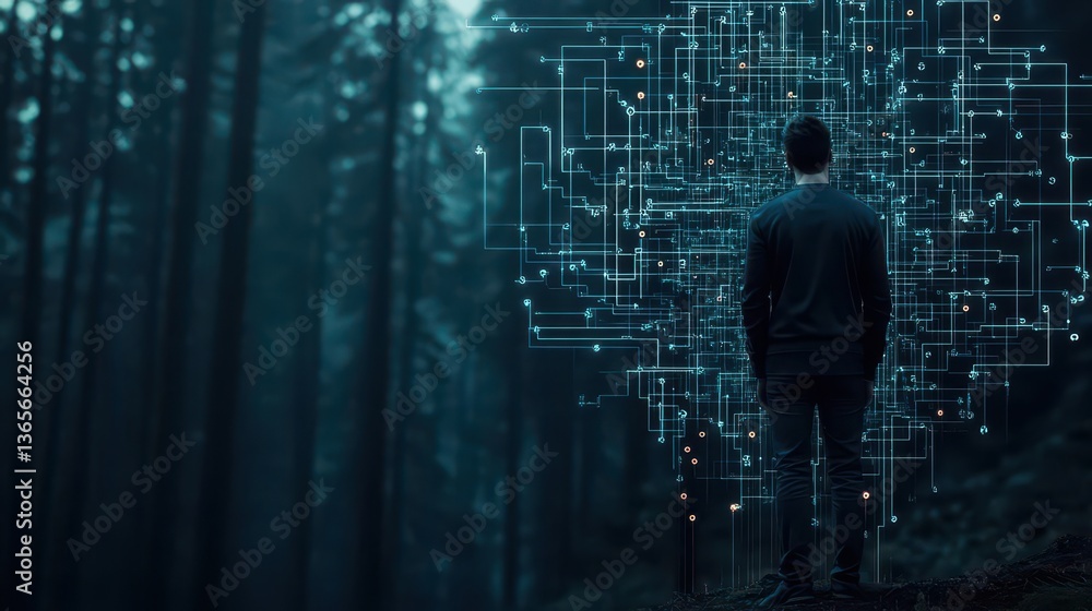 Poster a focused man navigating through a lush green forest using a digital map to explore nature while sta