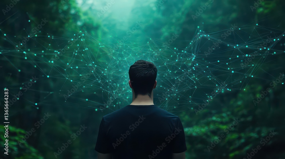 Poster a man gazes thoughtfully at an expansive forest while a network of connected lines symbolizes the in