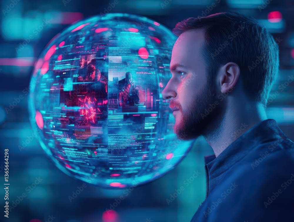 Poster mysterious man contemplating a glowing sphere in a dimly lit environment evoking intrigue and curios