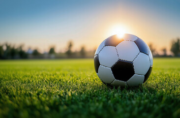 Soccer ball resting on green grass illuminated by sunset light with a dreamy shallow depth of field