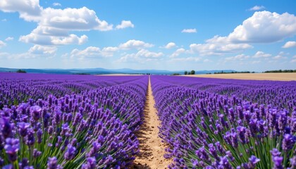 Obraz premium Lavender Field in Full Bloom Design a picturesque lavender field stretching toward the horizon, with vibrant purple blooms swaying gently in the breeze