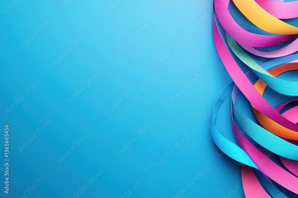 Poster vibrant colorful paper streamers cascading across a bright blue background creating a playful and fe