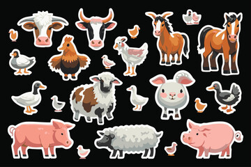 Farm Animals Cartoon Stickers Set Cow, Chicken, Duck, Horse, Pig, Sheep, Rabbit, Goose