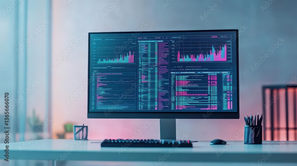 Poster contemporary office workspace featuring a computer on a sleek desk with a monitor screen displaying 
