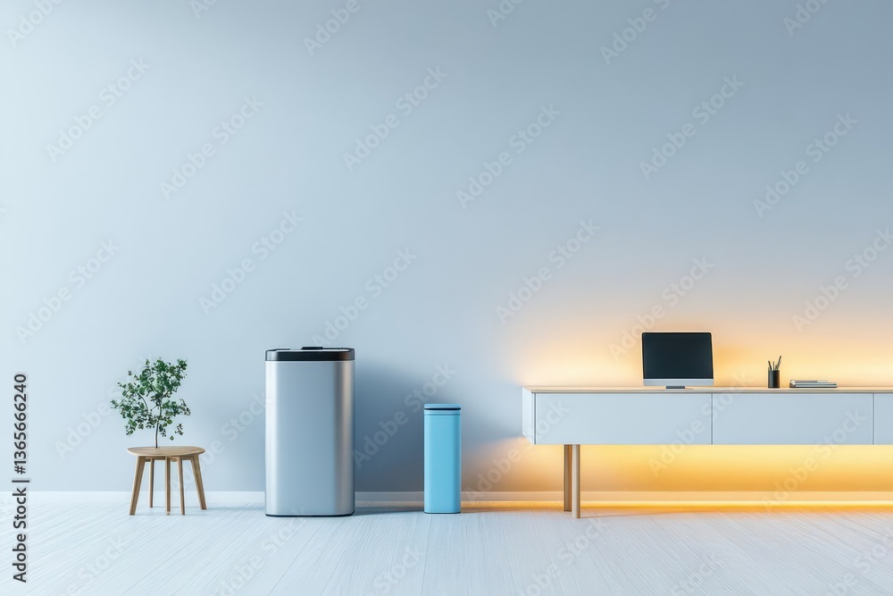 Poster minimalist workspace featuring a white desk complemented by two blue trash cans creating a clean and