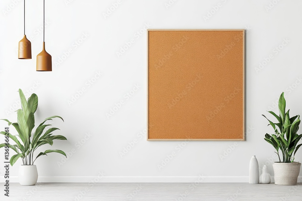 Poster rustic cork board elegantly mounted on a textured wall surrounded by natural light creating a cozy a