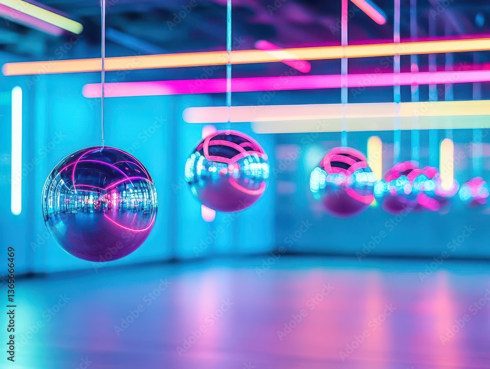 Poster vibrant room featuring a mirror ball hanging from the ceiling with colorful reflections creating a l