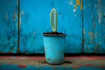 Small Cactus Plant in Rustic Blue Pot Against Weathered Wooden Background