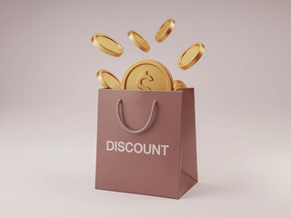 Golden shopping bag with discount and gold coins