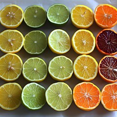 Fototapeta premium Vibrant Citrus Fruit Slices, Lemons, Limes, Oranges, Blood Oranges