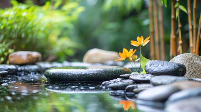 Zen garden with smooth stones, a small pond, and bamboo for creating a peaceful environment.