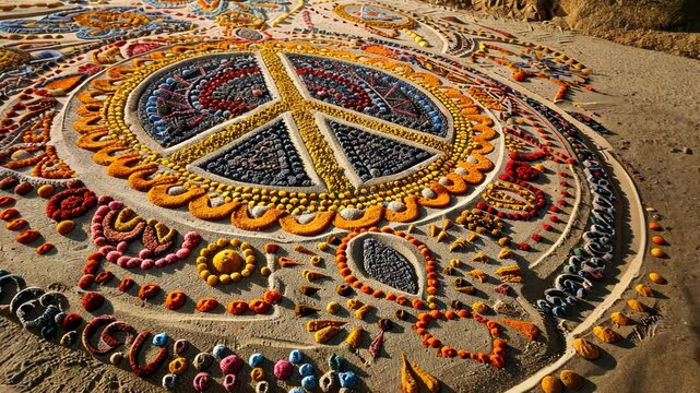 Peace sign centered sand mandala marks International Day against Nuclear Tests. International Day Against Nuclear Tests, August 29