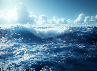 A stunning view of ocean waves crashing against the serene sea, with clear blue waters and fluffy clouds in the sky