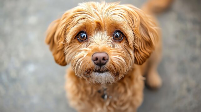 Adorable brown dog with curious eyes looking up.