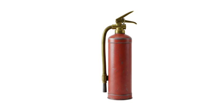 Vintage Red Fire Extinguisher with Brass Nozzle, Isolated on White Background, Ideal for Safety and Emergency Preparedness Themes