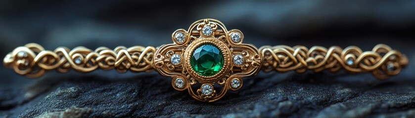 A close-up shot of an exquisite antique golden tiara adorned with a radiant emerald gemstone, showcasing intricate details