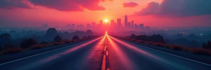 Fototapeta premium Dark asphalt road vanishing into a hazy cityscape , texture background, cityscape