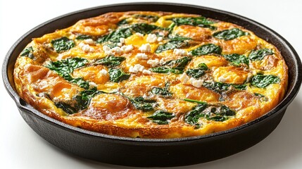 A freshly baked spinach and egg frittata in a cast-iron skillet, golden brown on top with vibrant green spinach visible throughout. 