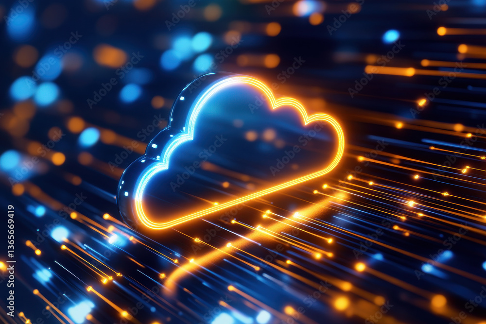 Poster abstract background featuring glowing cloud symbol surrounded by vibrant light trails creating dynam