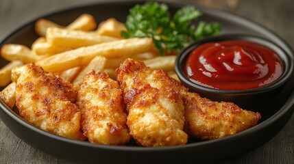 french fries and chicken and ketchup,