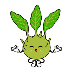 Happy cartoon vegetable with leafy arms meditating in a peaceful pose in a playful design