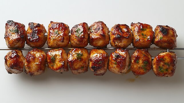 professional image showcasing a single roasted chicken, positioned horizontally on a large metal skewer, tightly secured and perfectly browned, reflecting the shine of the golden ,