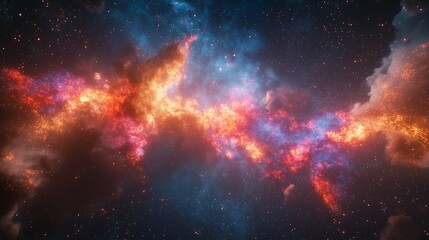 Obraz premium A cosmic dance of fiery nebulae, swirling in a breathtaking celestial ballet of vibrant orange, red, and blue hues across a dark, star-studded canvas.