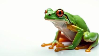 Obraz premium Green tree frog perched on white background, vibrant colors , green, leap