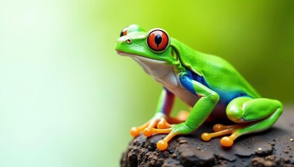 Green tree frog perched on white background, vibrant colors , green, green frog, jump