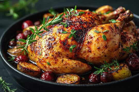 Golden roasted chicken with crispy skin, garnished with fresh herbs, surrounded by roasted vegetables and juicy cranberries
