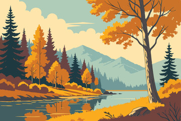 22 Vibrant autumn landscape, tranquil lake reflection, golden and orange foliage, crisp blue sky, evergreen trees, serene forest scene, mirror-like water surface, fall colors, peaceful nature, panoram