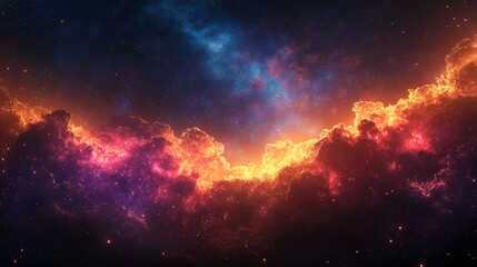 A fiery cosmic nebula ablaze with vibrant stars, a celestial canvas painted in fiery oranges and deep purples, showcasing a breathtaking display of cosmic energy.