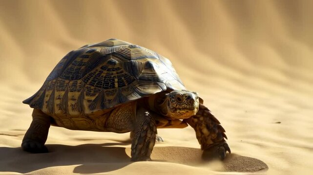 A large tortoise moves slowly across golden sand, navigating the desert landscape in search of food. The sun shines brightly, illuminating its patterned shell and surroundings