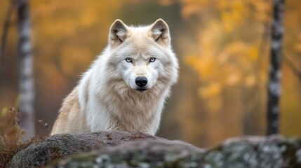 Obraz premium Majestic white wolf with piercing blue eyes standing tall in Scandinavian forest under daylight