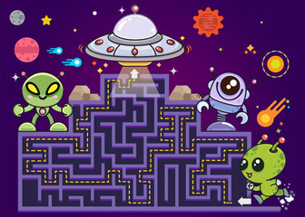 Outer Space Maze game for children. Help cute alien find correct path in maze, Maze games space scenes, fun educational, Space theme maze puzzle for children, Space maze puzzle games for book print, v