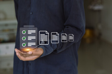 A businessman holding a set of verified digital documents in a floating interface.