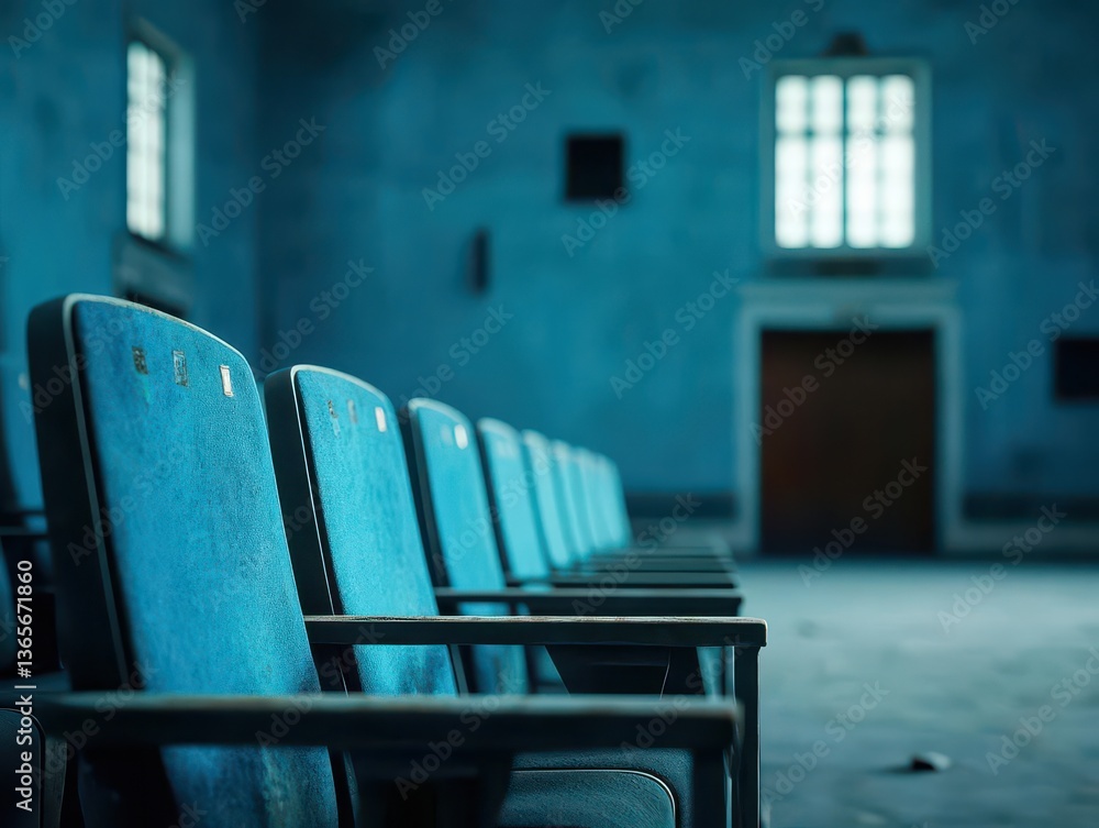 Poster quiet classroom with empty chairs illuminated by soft natural light creating a reflective and though