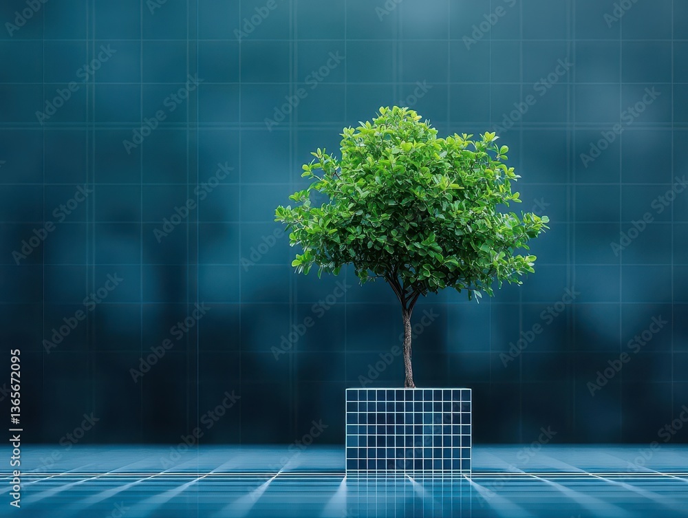 Poster a lush green tree thriving in a modern cube shaped container surrounded by minimalist decor creating