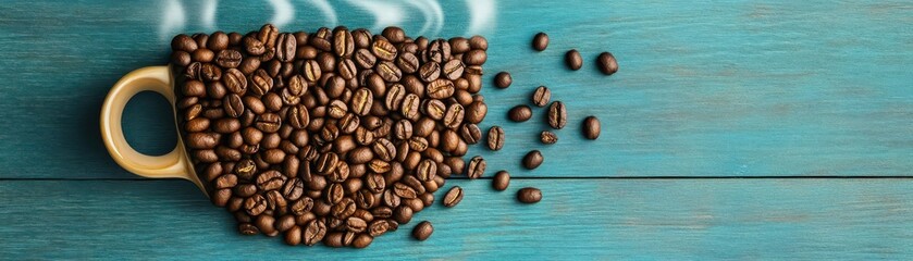 Obraz premium Aromatic Coffee Beans Spread Across a Rustic Blue Wooden Table Evoking Warmth and Comfort in a Cozy Cafe Atmosphere Perfect for Coffee Lovers