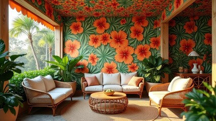 Tropical lounge with orange hibiscus wallpaper and wicker furniture
