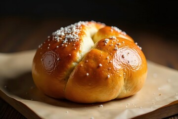 Golden-brown crusty artisan bun, perfectly baked , closeup, fresh