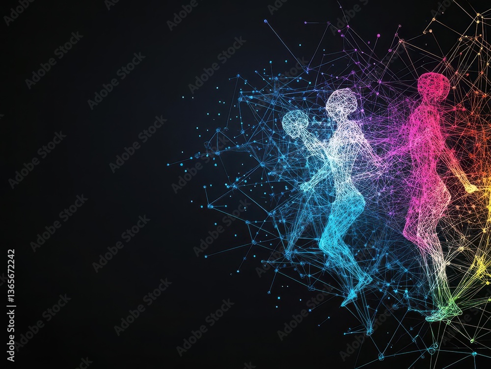 Poster vibrant abstract representation of connectivity illustrated by colorful lines and dots forming a dyn