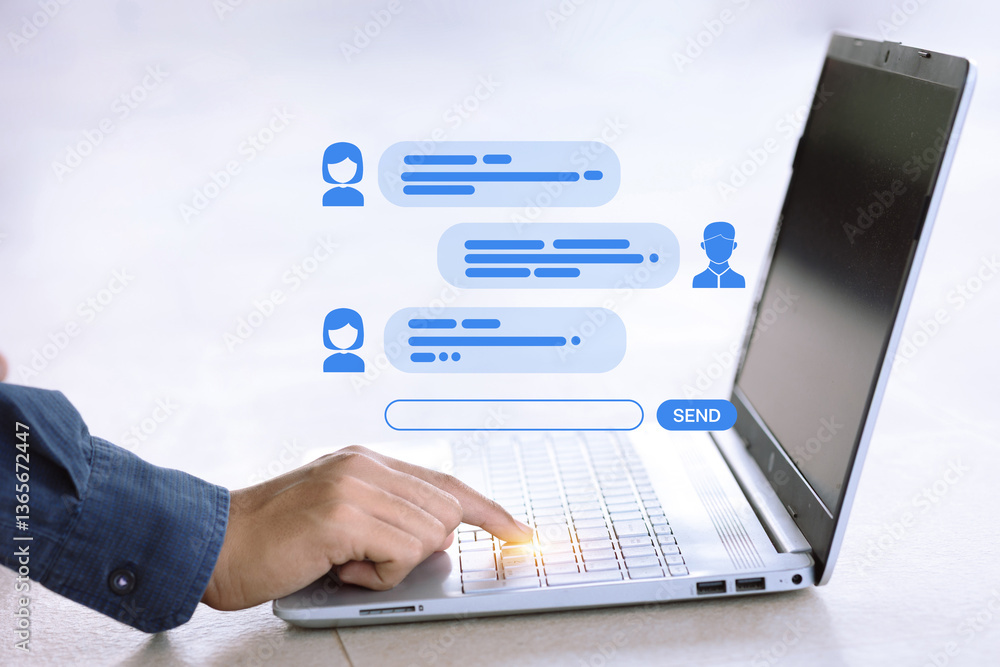 Poster a person pressing a key on a laptop with a chat interface projected above, representing communicatio