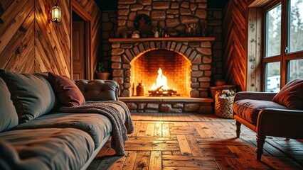 Fototapeta premium Cozy rustic living room with stone fireplace and warm lighting
