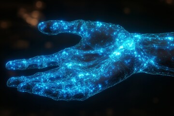 A close-up, high-tech illustration of a glowing, translucent hand