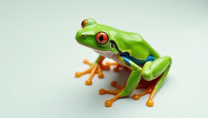 Obraz premium Green tree frog perched on white, vibrant skin, fauna, isolated, studio