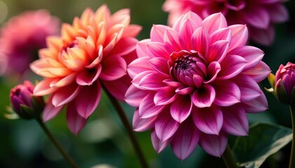 Fototapeta premium Intricate dahlia blooms, vibrant colors, lush petals, romantic, red