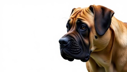 Fototapeta premium Imposing mastiff, intense gaze, pure white backdrop, strong, pet photo, white background