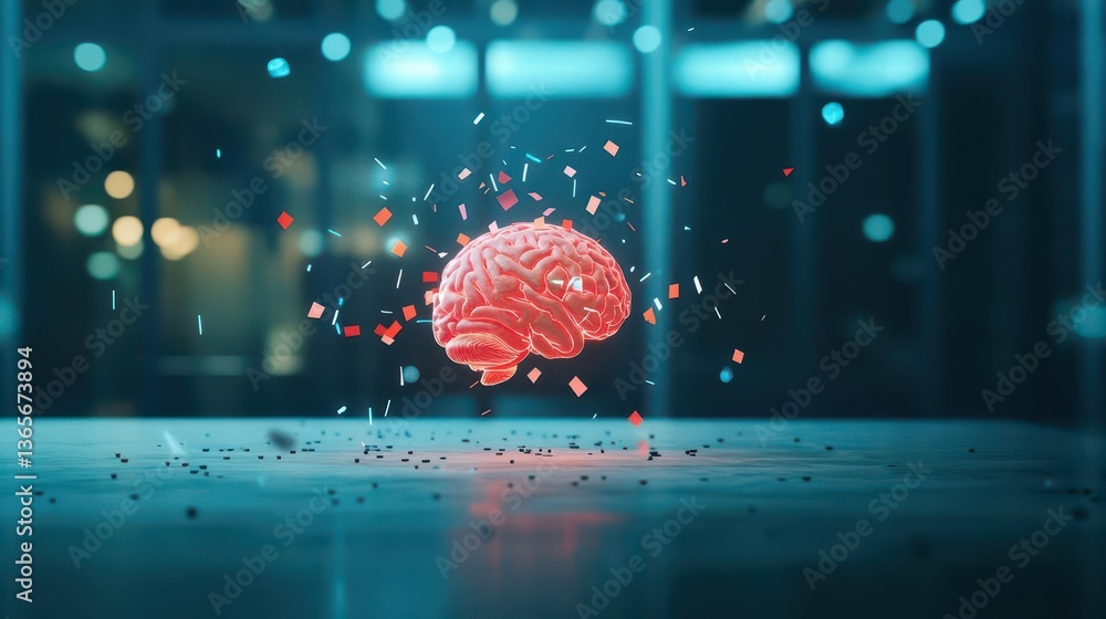 Poster surreal conceptual art depicting a brain erupting from a table symbolizing creativity and thought in